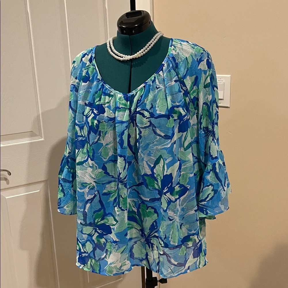 Vibrant Floral Women's Blouse in Blue and Green 2X Cold shoulder Flutter sleeve - Picture 3 of 11